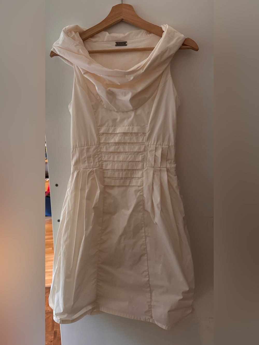BODYBAD (JUDE) Ivory Cowl Neck Dress • Pleated Waist • Made in Montreal • Small